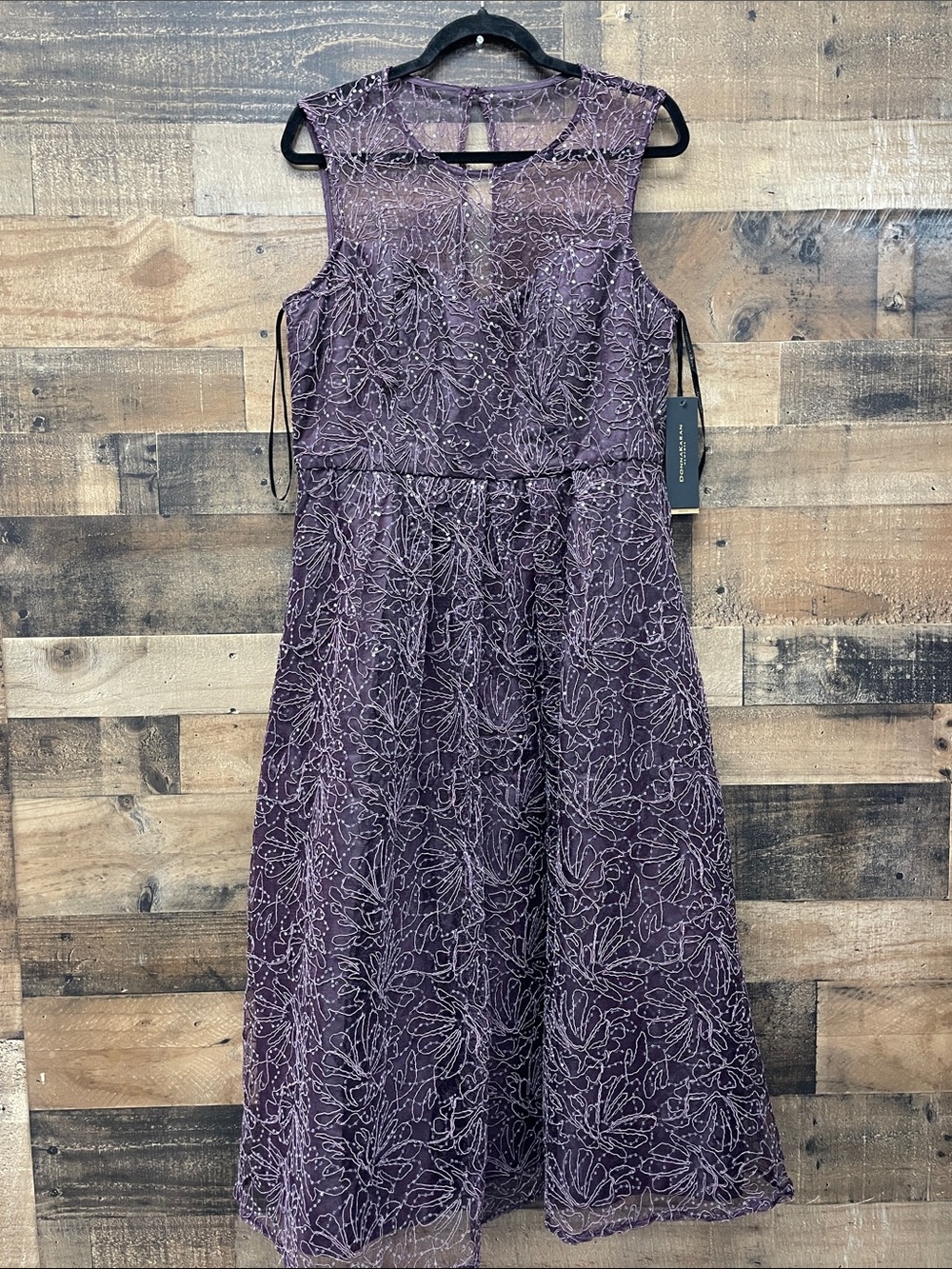 Donna Karan Embroidered Dark Plum Sheer Dress